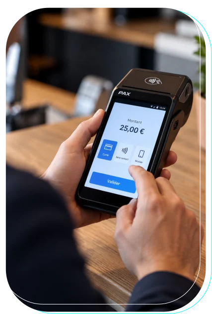 Terminal de paiement PAX tenu en main, écran de paiement affiché